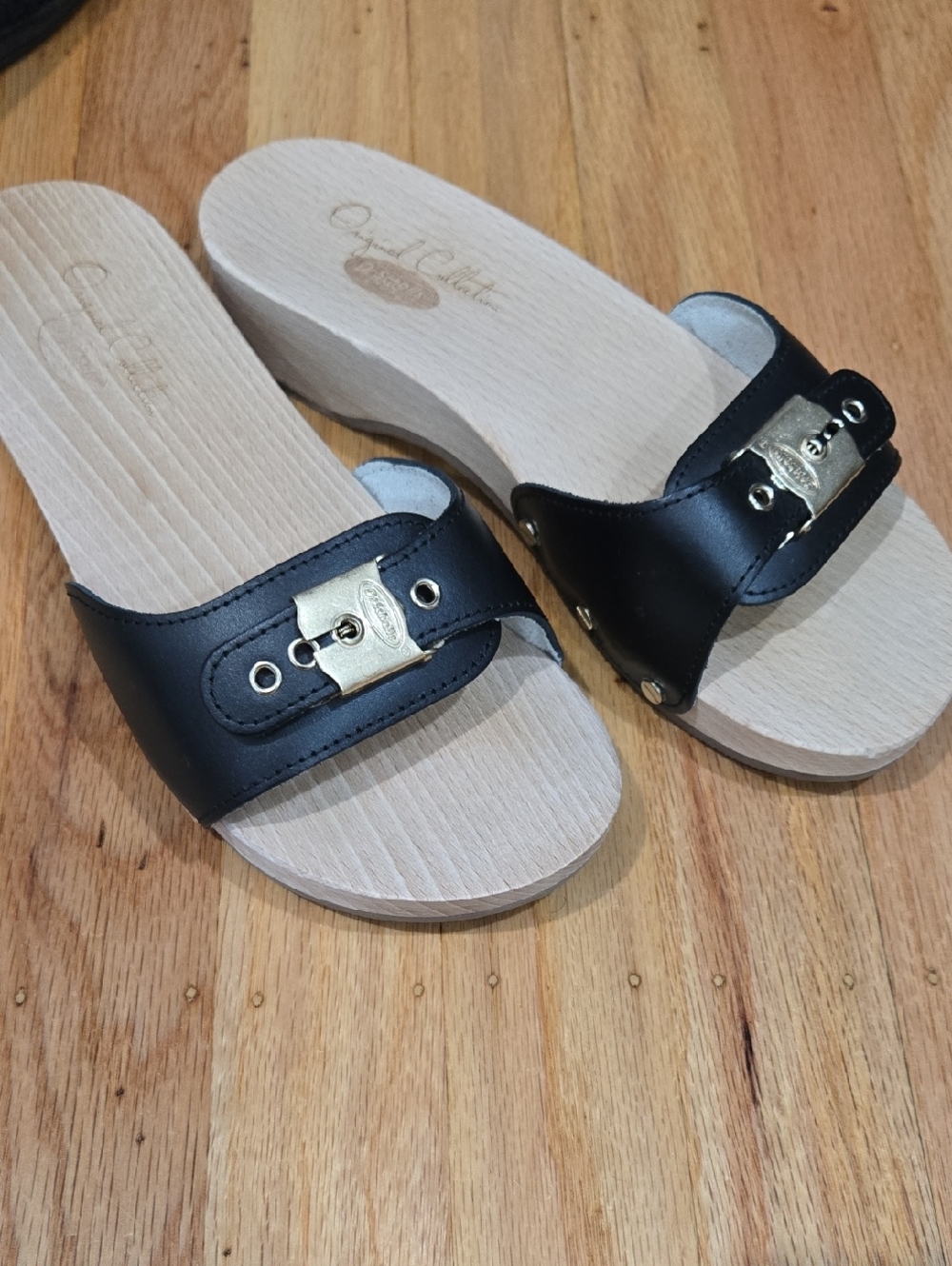 Dr. Scholl's Black Leather Slide Sandals with Gold Accents